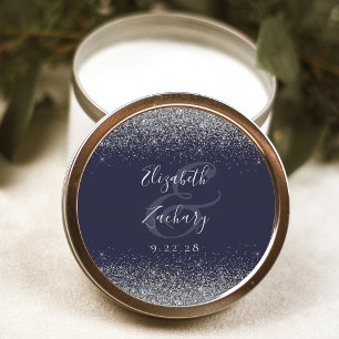 Moderne dunkelblaue silberne Glitterrand-Hochzeit Runder Aufkleber