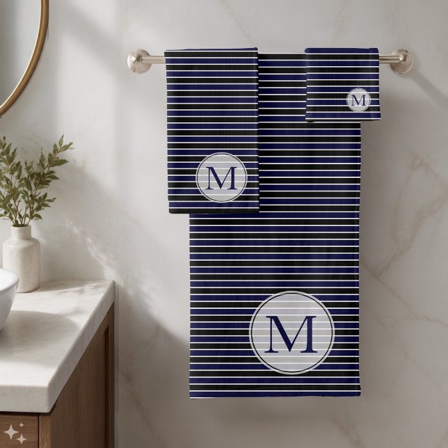Moderne dunkelblaue Streifen Mit Monogramm Badhandtuch Set (Von Creator hochgeladen)