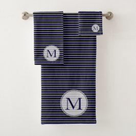 Moderne dunkelblaue Streifen Mit Monogramm Badhandtuch Set