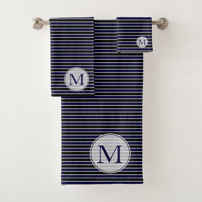 Moderne dunkelblaue Streifen Mit Monogramm Badhandtuch Set (Insitu)