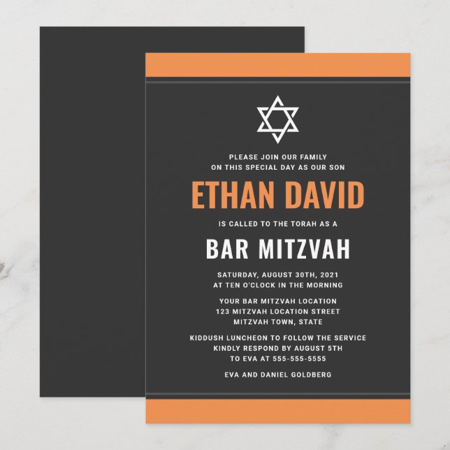 Moderne dunkelgraue Orangengrenzen Bar mitzvah Einladung (Vorne/Hinten)