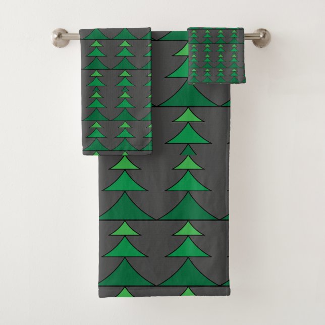 Moderne dunkelgraue und grüne Weihnachtsbaummuster Badhandtuch Set (Insitu)