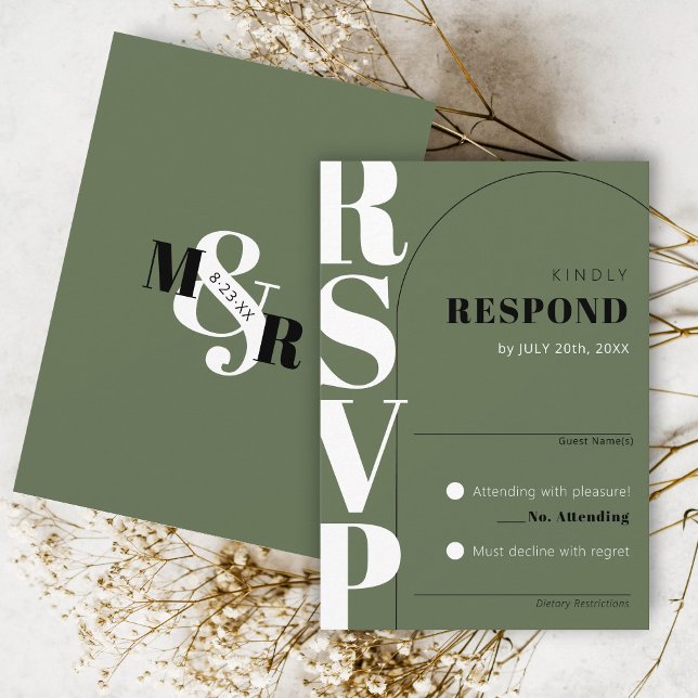 Moderne dunkelgrüne Ampere und Arch Wedding RSVP C (Classy arch matching olive green modern wedding invitation RSVP card ampersand monogram black white)