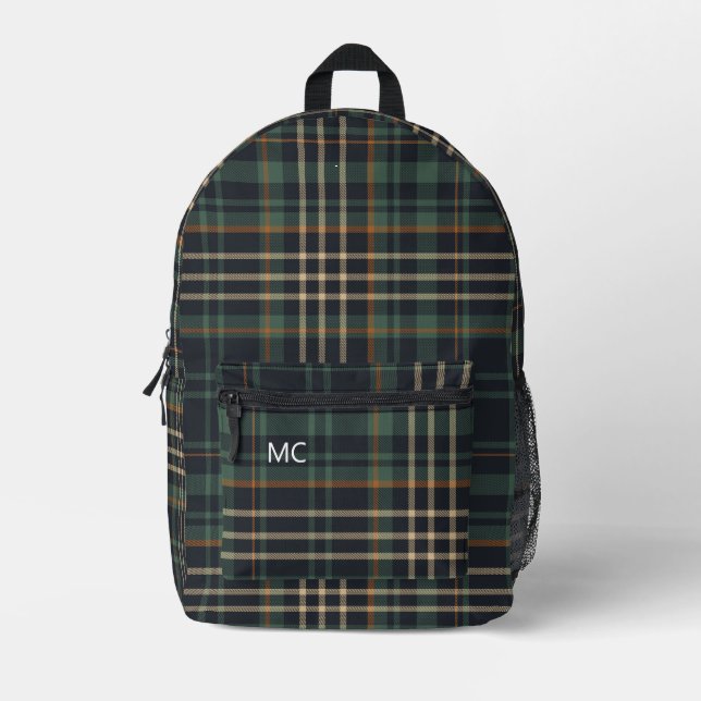 Moderne dunkelgrüne Karo Karierte Monogramm-Initia Bedruckter Rucksack (Vorderseite)