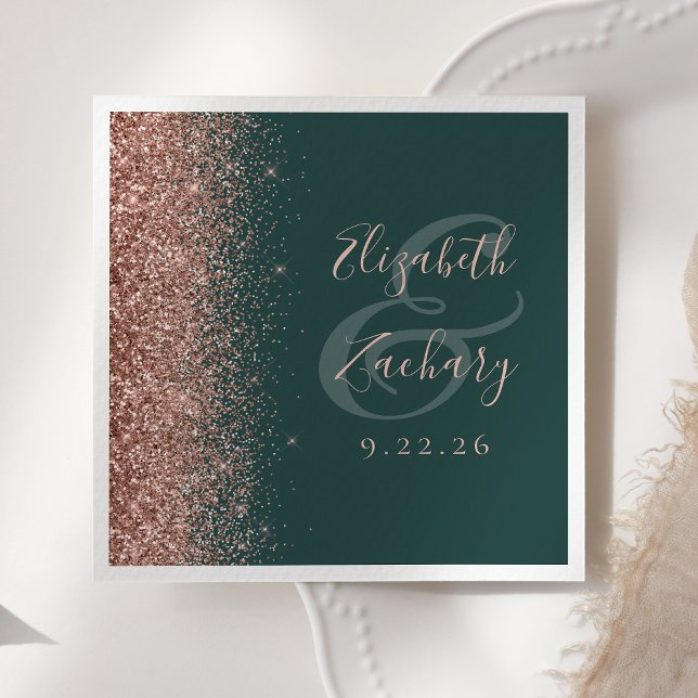 Moderne Dunkelgrüne Rose Gold Glitzer Edge Wedding Serviette (Von Creator hochgeladen)