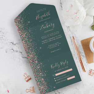 Moderne Dunkelgrüne Rose Gold Glitzer Hochzeit All In One Einladung