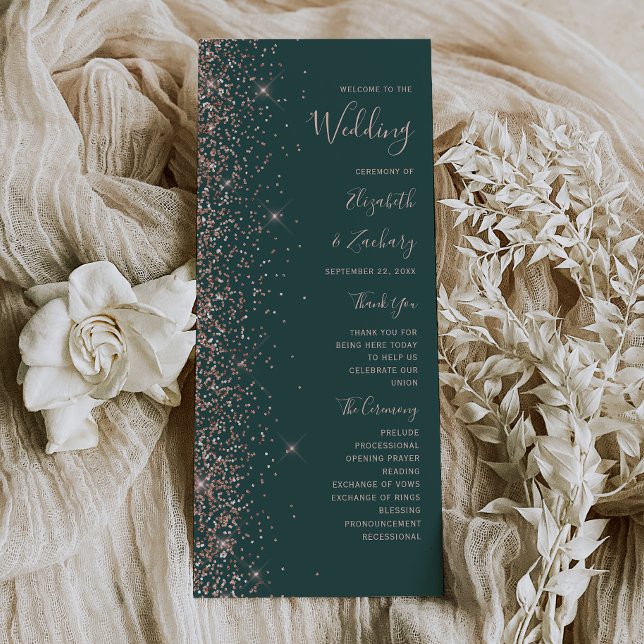 Moderne Dunkelgrüne Rosen-Gold Glitter-Hochzeit Programm (Von Creator hochgeladen)