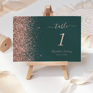 Moderne Dunkelgrüne Rosen-Gold Glitter-Hochzeit Tischnummer