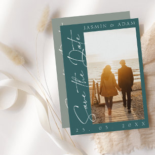Moderne dunkelgrüne Script-Foto Hochzeit Save The Date