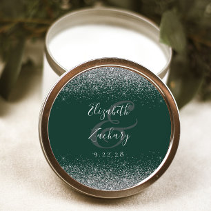 Moderne dunkelgrüne Silber-Glitter-Kanten-Hochzeit Runder Aufkleber