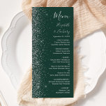Moderne dunkelgrüne Silberstreifen-Glitzer-Hochzei Menükarte<br><div class="desc">Die links Seite dieses eleganten,  modernen Hochzeitsmenüs besticht durch ein silbernes Imitat-Glitzer-Design. Der anpassbare Text kombiniert silbergraue Handschrift,  Kupferplatte und kursiv Schriftart auf einem dunkelgrünen Hintergrund. Auf der Rückseite ist ein passendes grün- und silbernes Glitzer-Design erkennbar.</div>