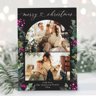 Moderne dunkelrosa Botanische Weihnachtskarte 2 Fo Feiertagskarte