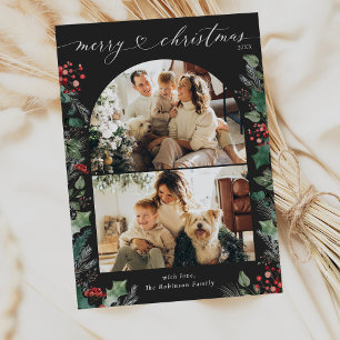 Moderne Dunkelrote 2-Foto-Weihnachtskarte Feiertagskarte