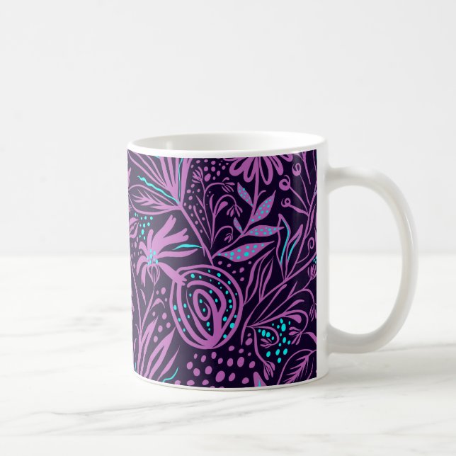 Moderne dunkelviolette Blumengestaltung Kaffeetasse (Rechts)