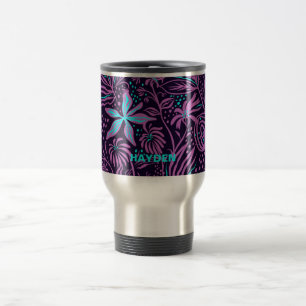 Moderne dunkelviolette Blumenmuster Personalisiert Reisebecher