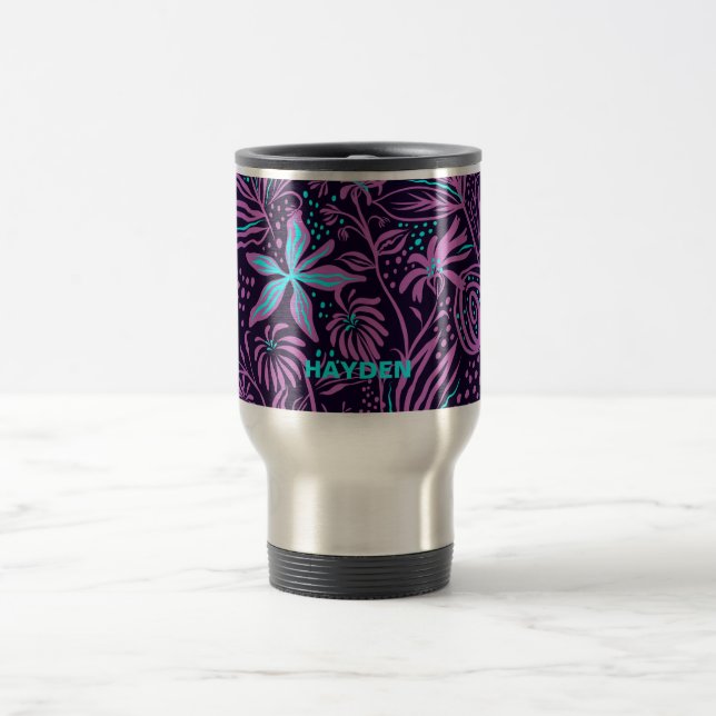 Moderne dunkelviolette Blumenmuster Personalisiert Reisebecher (Mittel)