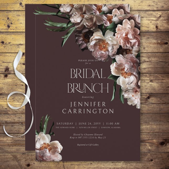 Moderne dunkle Blume blüht Burgund Bridal Brunch Einladung (Modern Dark Flower Blossoms Black Bridal Brunch Invitation)