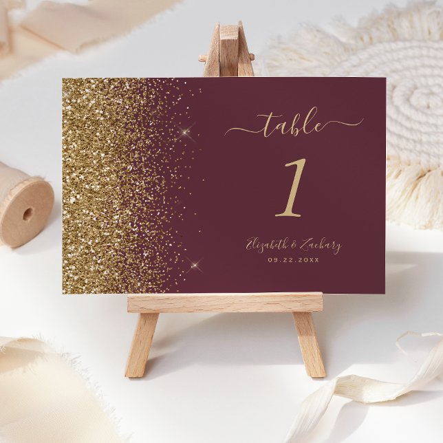 Moderne Dunkle Burgund Gold Glitzer Edge Wedding Tischnummer (Von Creator hochgeladen)