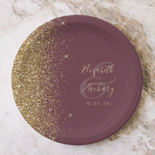 Moderne dunkle Burgunder-Gold-Glitter-Kanten-Hochz Pappteller