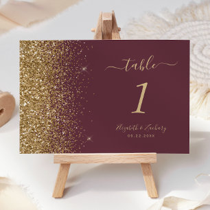 Moderne dunkle Burgunder-Gold-Glitter-Kanten-Hochz Tischnummer
