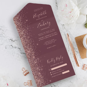Moderne dunkle Burgunder-Roségold-Glitter-Hochzeit All In One Einladung