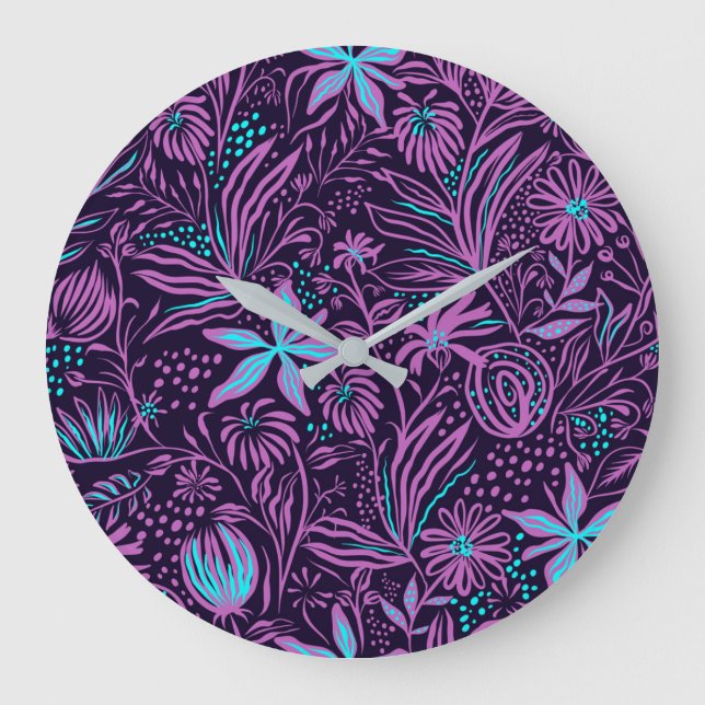 Moderne dunkle lila Blumenmuster Große Wanduhr (Vorderseite)