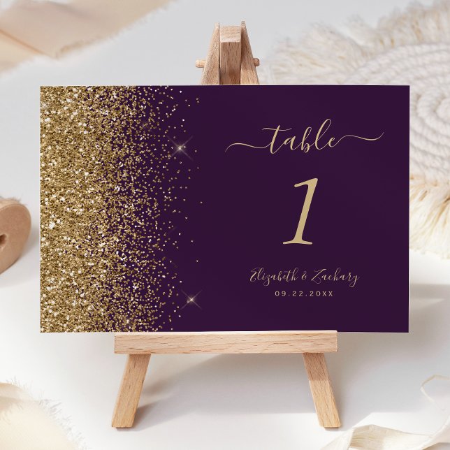 Moderne Dunkle Lila Gold Glitzer Edge Wedding Tischnummer (Von Creator hochgeladen)