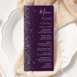 Moderne, dunkle Lila Silber Glitzer Edge Wedding Menükarte<br><div class="desc">Die links Seite dieses eleganten,  modernen Hochzeitsmenüs besticht durch ein silbernes Imitat-Glitzer-Design. Der anpassbare Text kombiniert silbergraue Handschrift,  Kupferplatte und kursiv Schriftart auf einem dunklen lila Hintergrund. Die Rückseite ist mit einem lila und silbernen Glitzer-Design ausgestattet.</div>