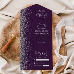 Moderne dunkle lila silberne Glitter-Hochzeit All In One Einladung