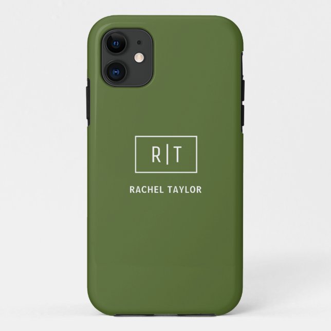 Moderne dunkle Olivgrün-Monogramm Case-Mate iPhone Hülle (Rückseite)