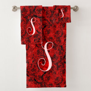 Moderne dunkle Rote Rosen Chic Custom Monogram Badhandtuch Set