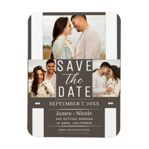 Moderne dunkle Taupe Hochzeitseinladung mit 3 Foto Magnet