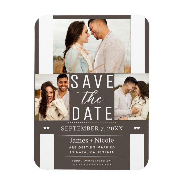 Moderne Dunkle Taupe Save the Date 3 Foto Hochzeit Magnet (Vertikal)