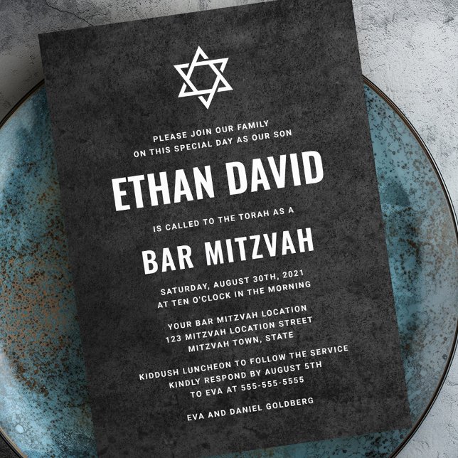 Moderne, dunkle Textur Bar mitzvah Einladung (Modern dark rough texture bar mitzvah invitation)