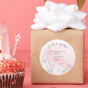 Moderne Dusche mit Blütenbaby Es ist ein Mädchen Runder Aufkleber