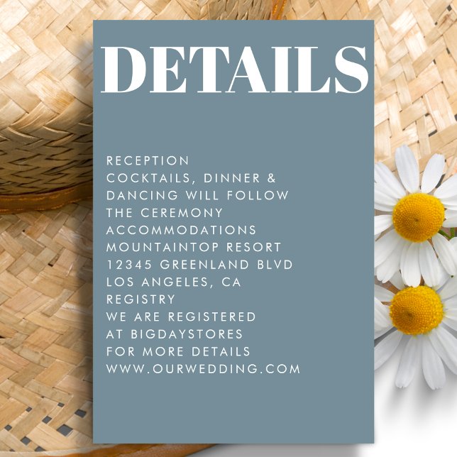 Moderne dusty Blue Bold Typografy Wedding Begleitkarte (Von Creator hochgeladen)