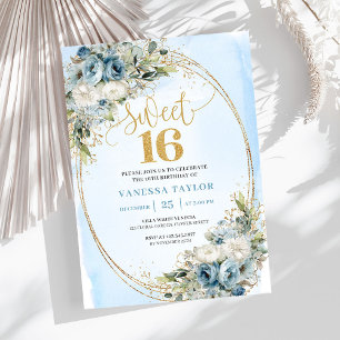 Moderne Dusty Blue Florale Goldene Sweet Sixteen E Einladung