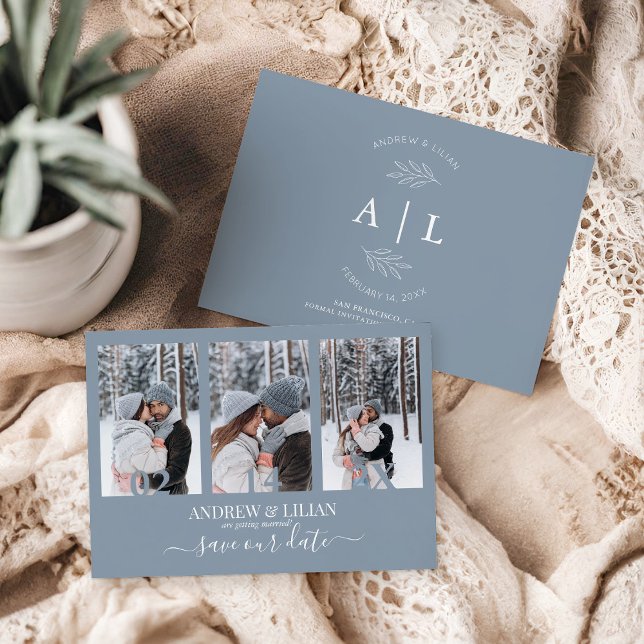 Moderne dusty Blue Foto Collage Monogram Wedding Save The Date (Von Creator hochgeladen)