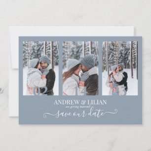 Moderne dusty Blue Foto Collage Monogram Wedding Save The Date
