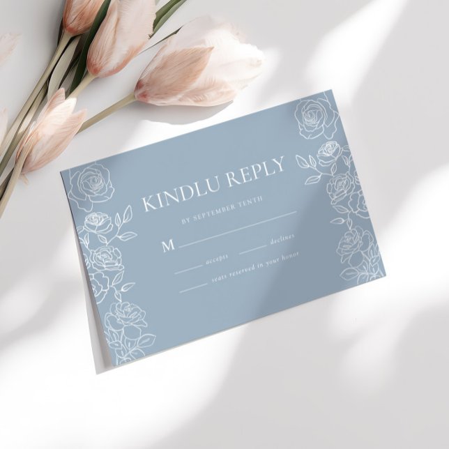 Moderne Dusty Blue French Rose Hochzeit RSVP Karte (Von Creator hochgeladen)