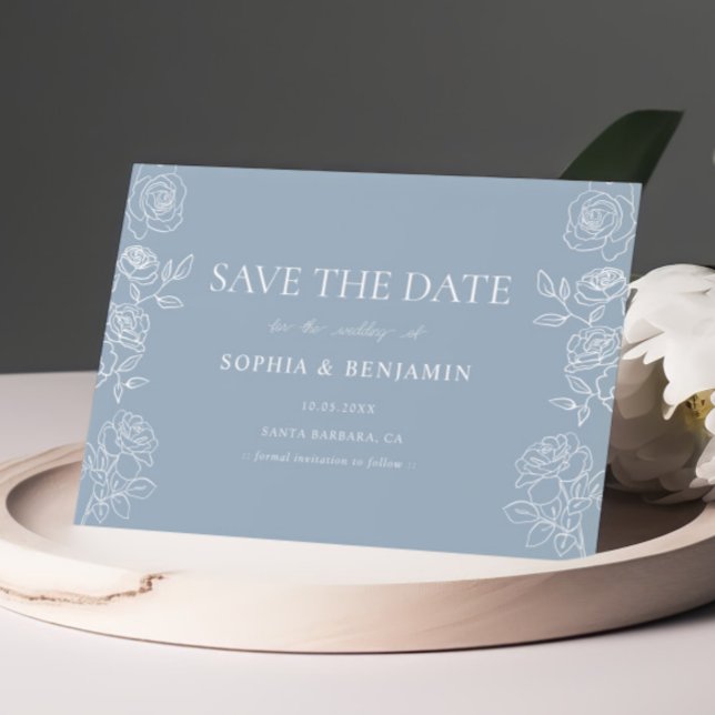 Moderne Dusty Blue French Rose Hochzeit Save The Date (Von Creator hochgeladen)