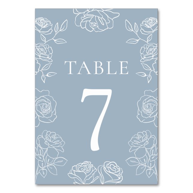 Moderne Dusty Blue French Rose Hochzeit Tischnummer (Vorderseite)