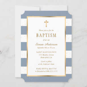 Moderne Dusty Blue Gold Cross Stars Boy Taufe Einladung