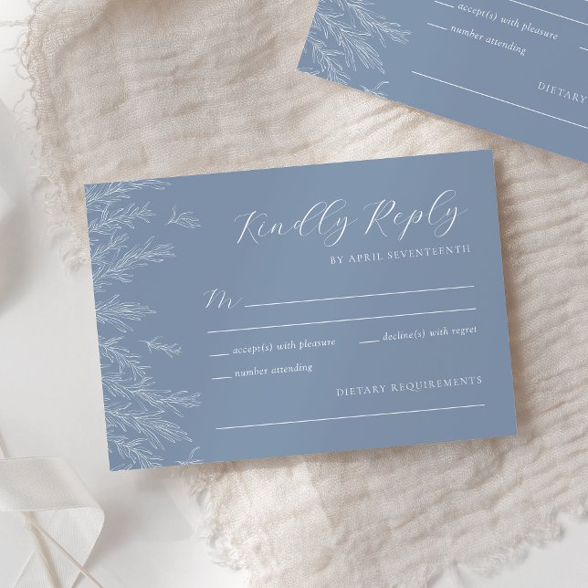 Moderne Dusty Blue Minimal Blätter Hochzeit RSVP Karte (Von Creator hochgeladen)