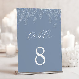 Moderne Dusty Blue Minimal Blätter Hochzeit Tischnummer