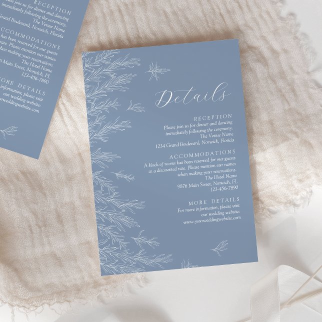 Moderne Dusty Blue Minimal Blätter Hochzeiten Deta Begleitkarte (Von Creator hochgeladen)