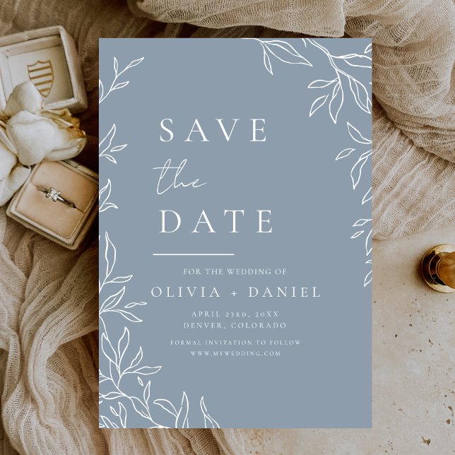 Moderne Dusty Blue Minimal Leafy Wedding Save The Date (Von Creator hochgeladen)