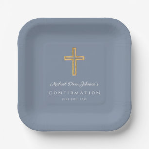Moderne Dusty Blue Religious Cross Boy Bestätigung Pappteller