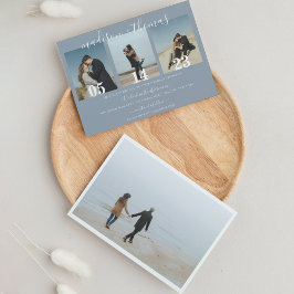 Moderne dusty Blue Script Foto Collage Wedding Einladung