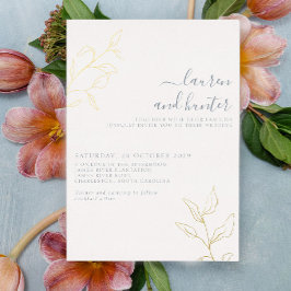 Moderne dusty Blue Script Gold Botanische Hochzeit Folieneinladung